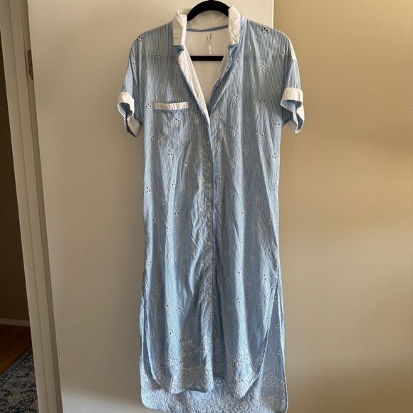 Anthropologie Cezzane Striped Eyelet Dress Loungewear Button Down Shirt Dress XS - Picture 3 of 12